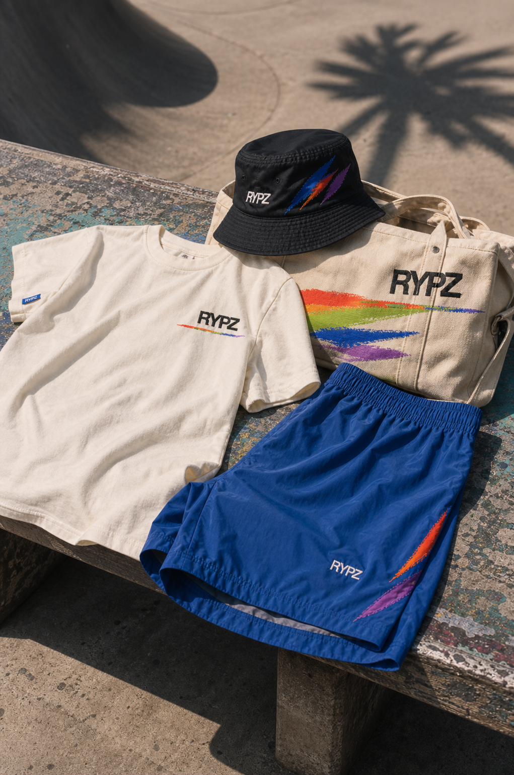 RYPZ tee, shorts, bucket hat, and canvas carryall
