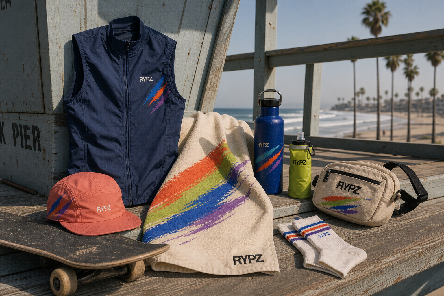 RYPZ vest, cap, towel, bottles, sling, socks, and skateboard in real Venice daylight