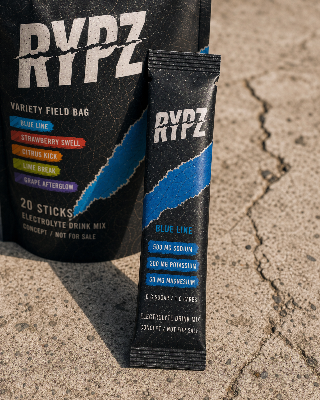 Close view of a dark topographic RYPZ Blue Line stick with foil seal ribs, shallow tear notch, score indentation, and rough nutrient tabs