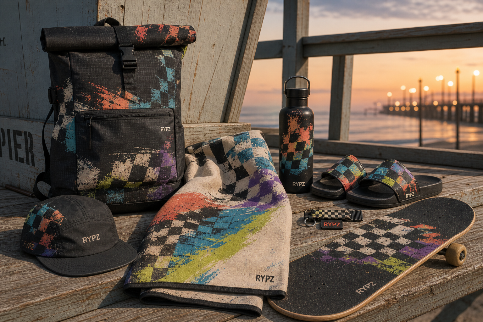 RYPZ backpack, cap, blanket, bottle, slides, key tag, and skateboard in a distressed checker pattern