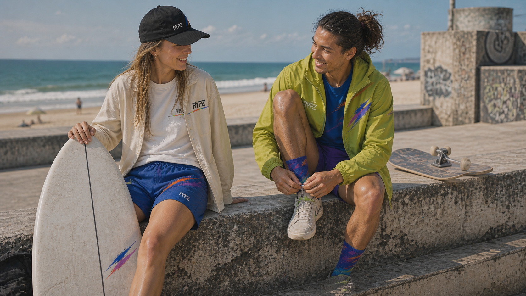 Two friends resting after surfing and skating in layered RYPZ coastal apparel