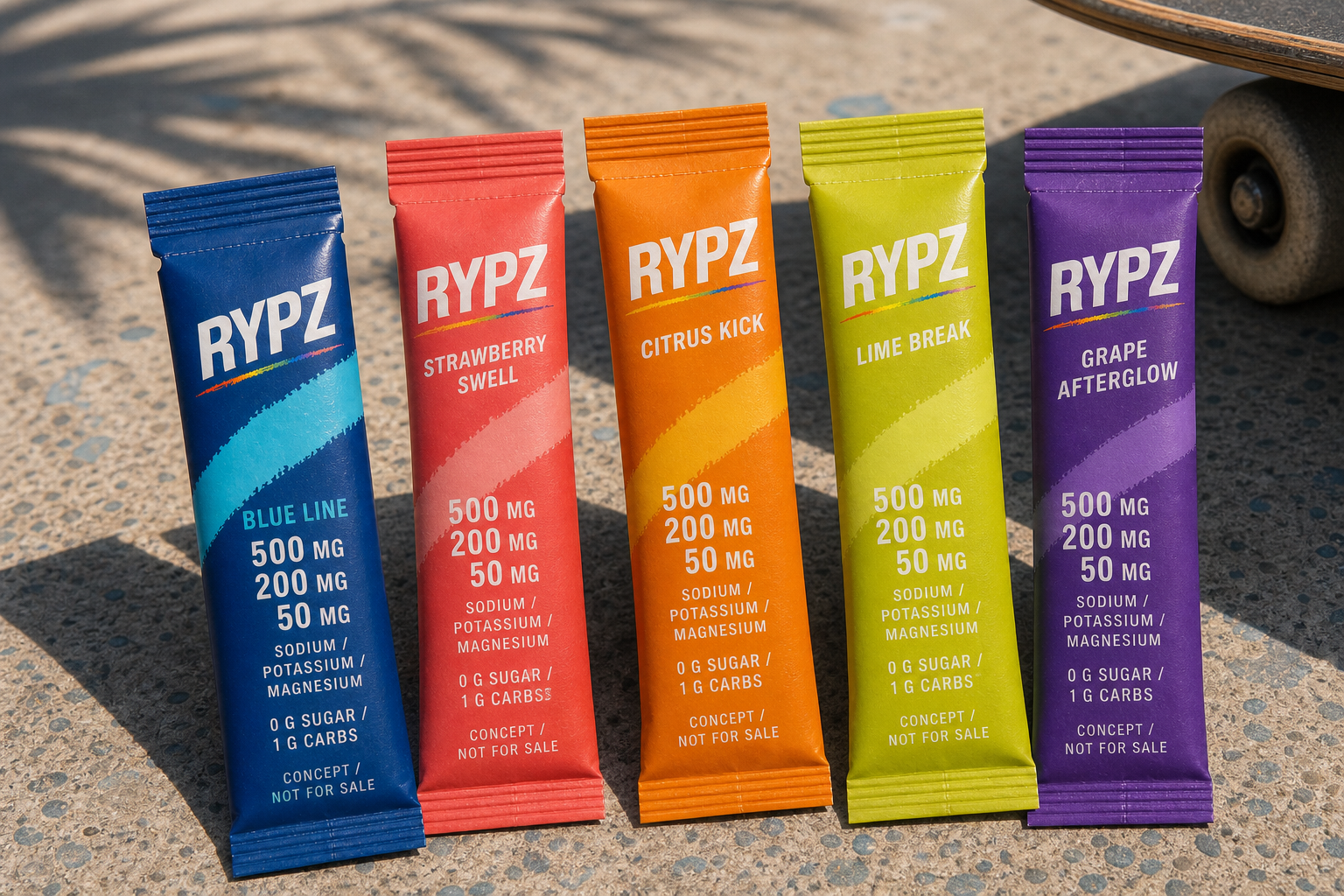Five RYPZ flavor sticks with shared 500, 200, and 50 milligram hierarchy and consistent tear construction