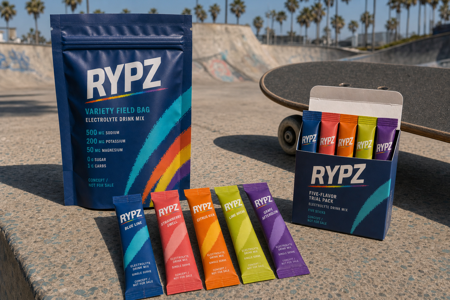RYPZ variety field bag, five flavor sticks, and a five-stick trial carton with realistic seals