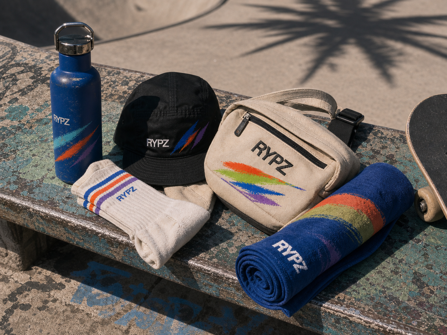 RYPZ bottle, cap, canvas sling, socks, and surf towel