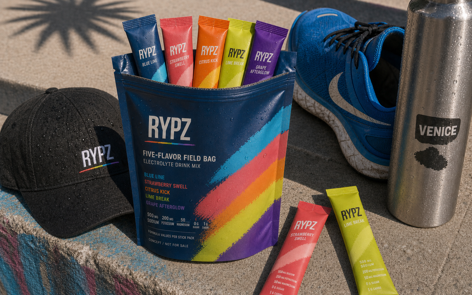 Open RYPZ field bag and sticks with coastal running gear
