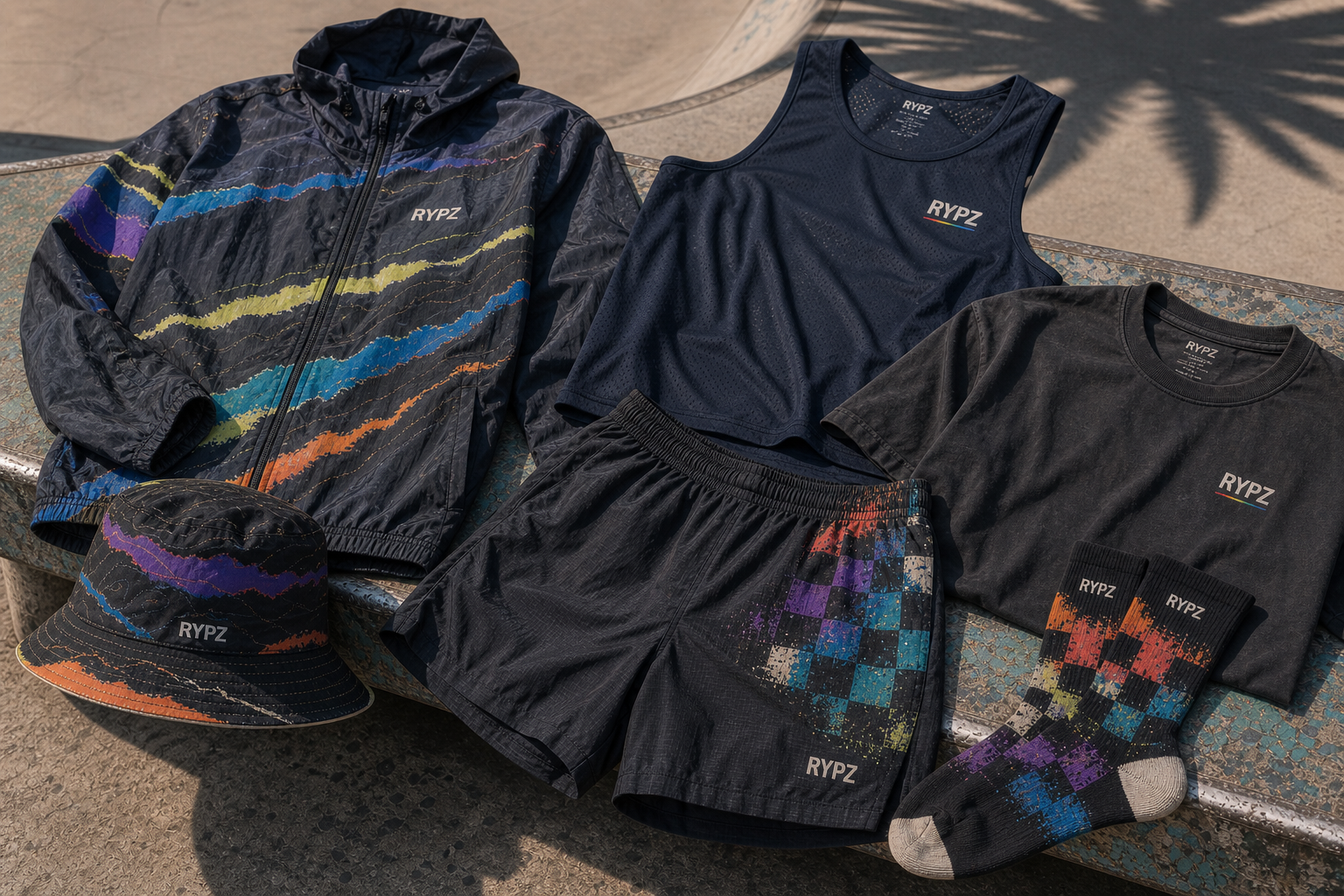 RYPZ Rip Current wind shell, singlet, running shorts, recovery tee, bucket hat, and socks
