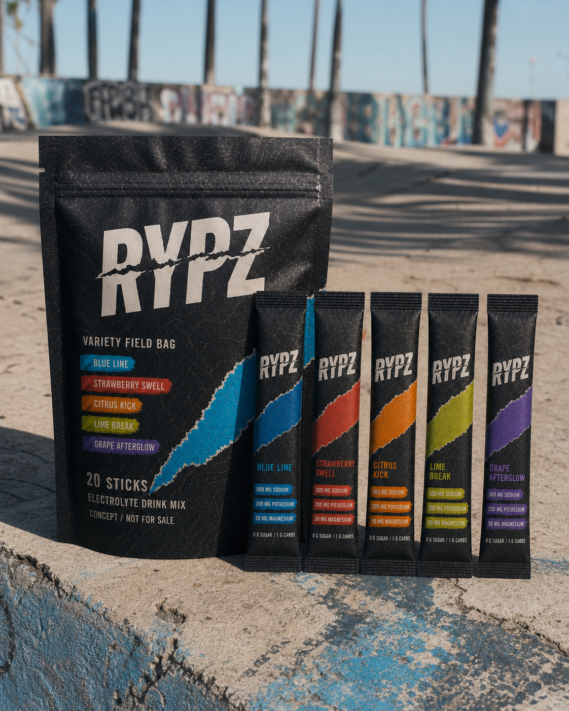 RYPZ dark topographic 20-stick field bag and five flavor sticks on worn Venice concrete