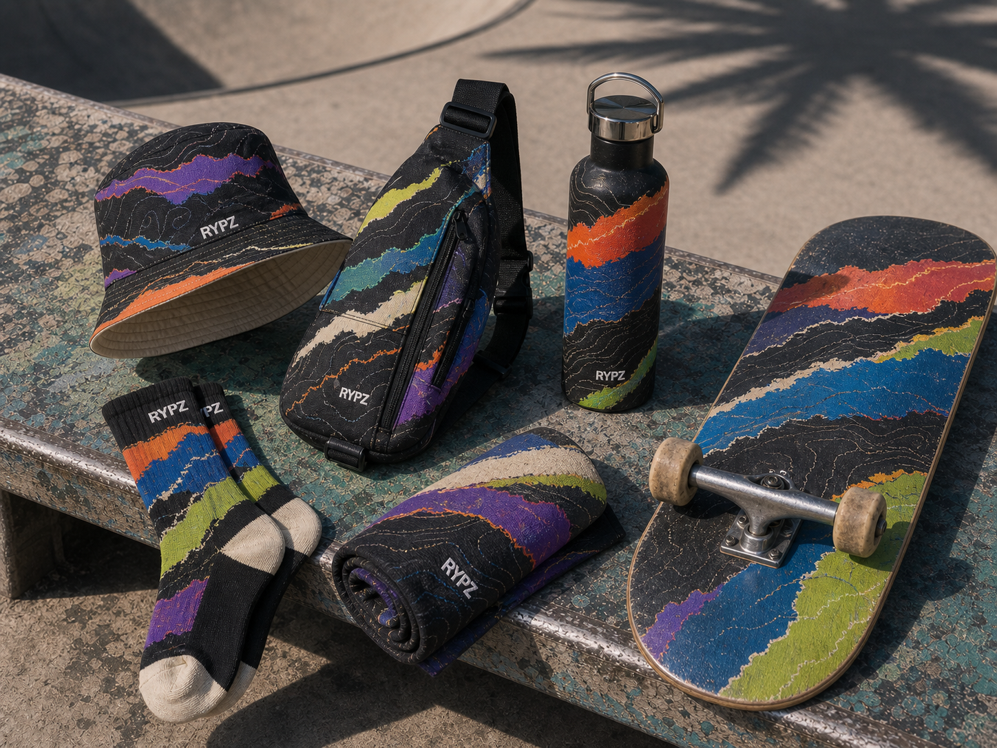 RYPZ bucket hat, sling, bottle, socks, towel, and skateboard in a torn topographic family