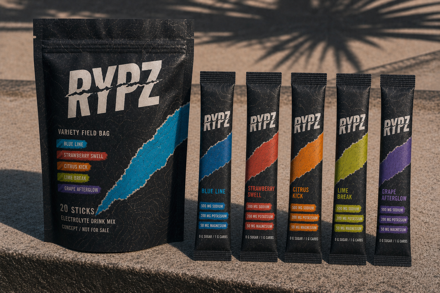Dark topographic RYPZ 20-stick field bag and five slim tear-open flavor sticks with torn-through wordmarks and rough color-tab electrolyte callouts